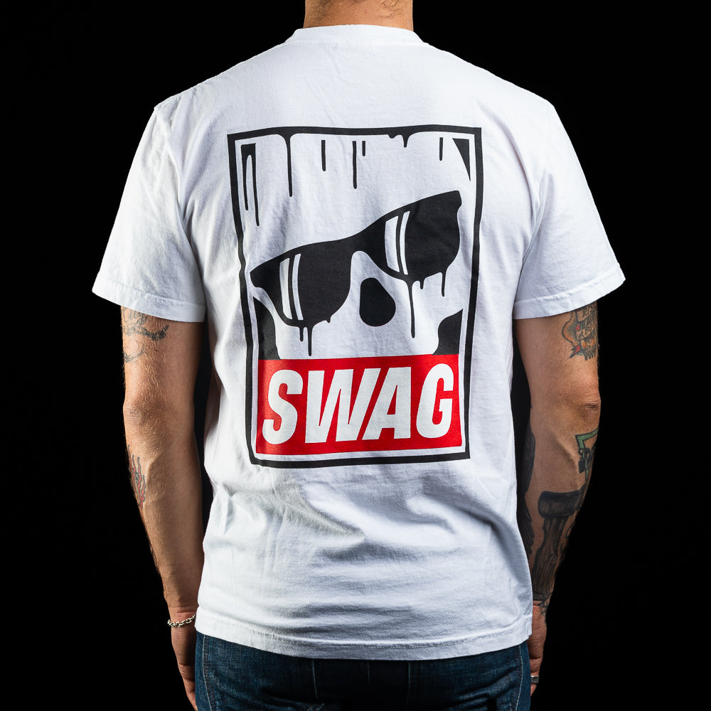 SWAG Golf men's white short sleeve graphic t-shirt with dripping skull print and red SWAG logo.