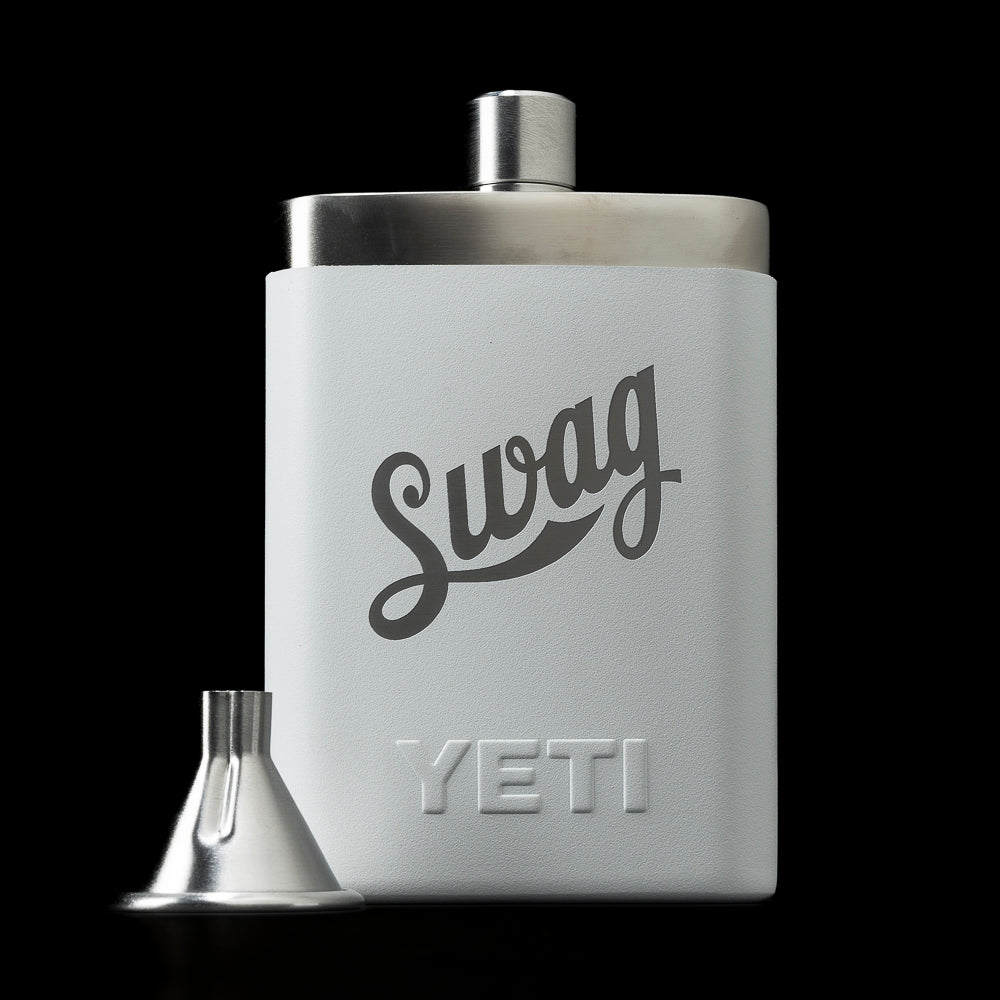 White stainless steel YETI flask with SWAG logo and funnel limited edition accessory.