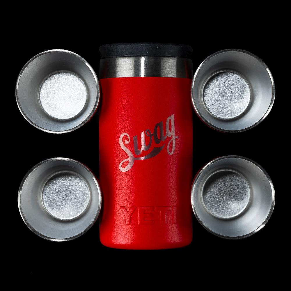 Red YETI x SWAG limited edition stainless steel shot glass set with matching canister.