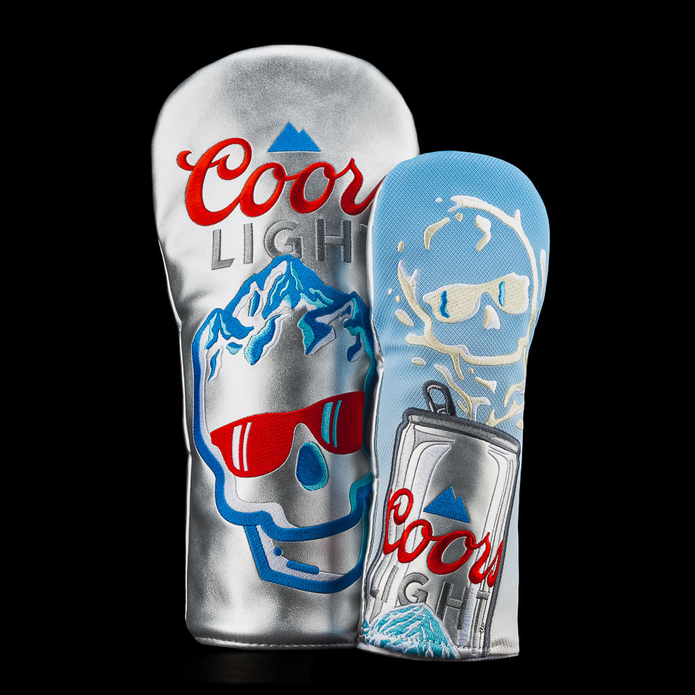 Coors Light golf headcover set featuring SWAG skull and mountain graphic.