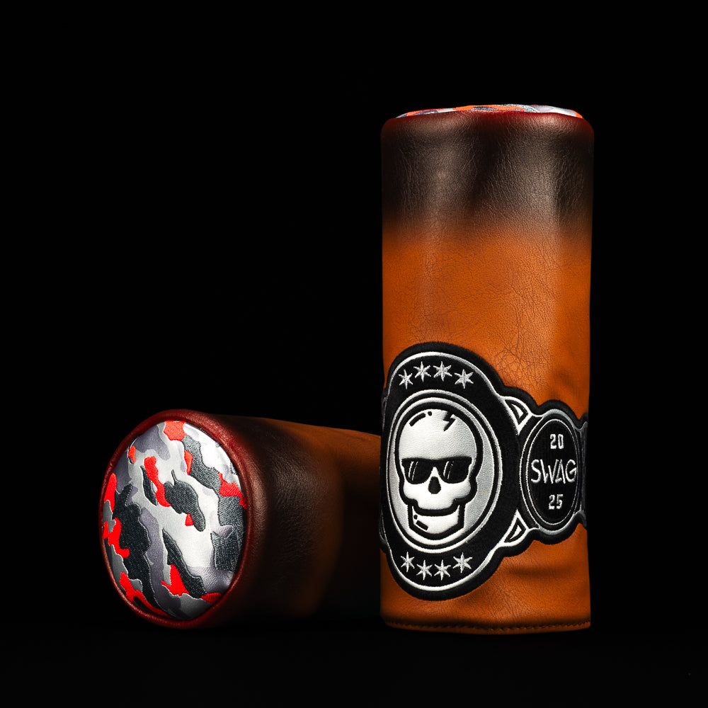 Cigar inspired fairway headcover with smoke fade, skull seal, and SWAG Golf band.