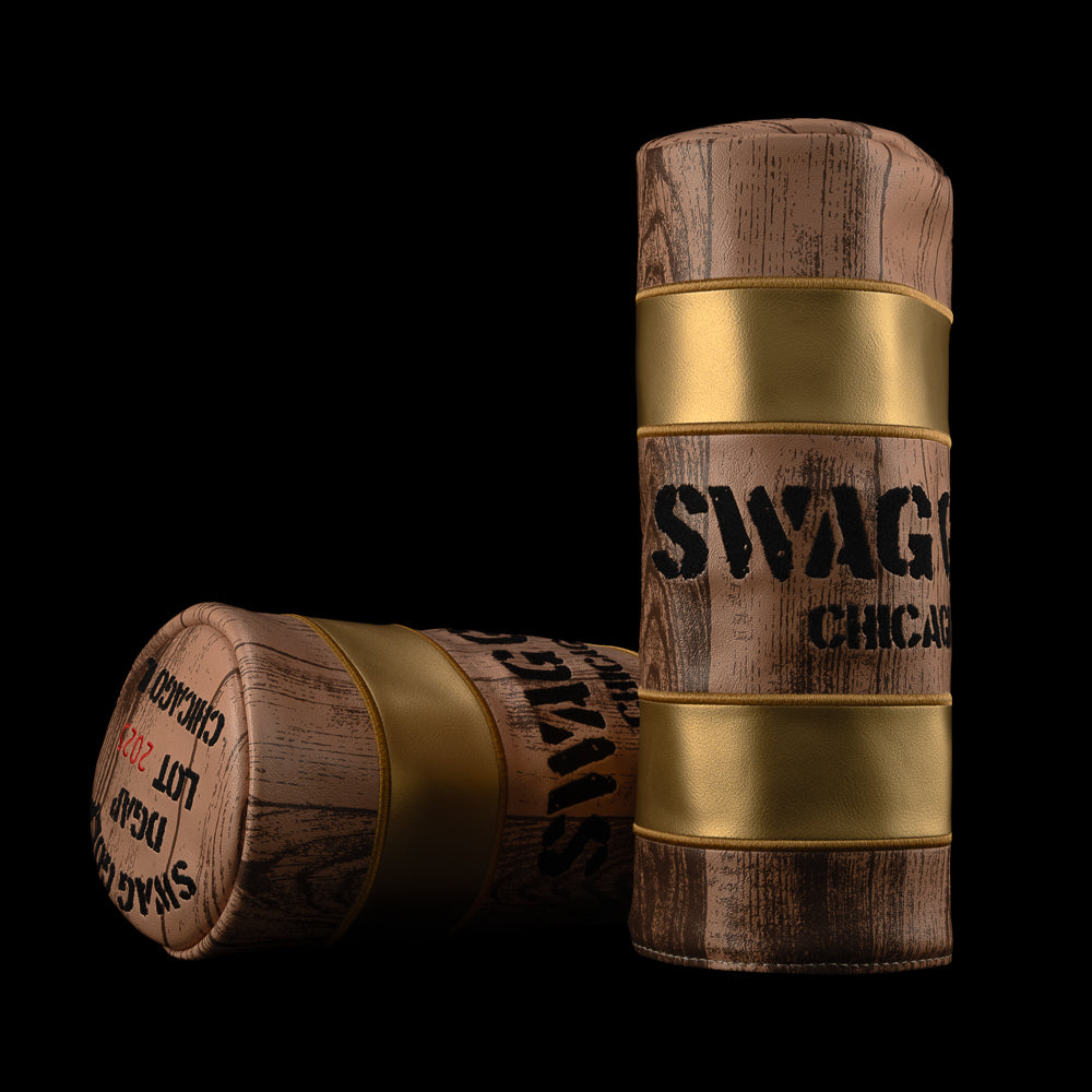 Whiskey barrel inspired driver headcover with woodgrain texture and SWAG Golf Chicago logo.