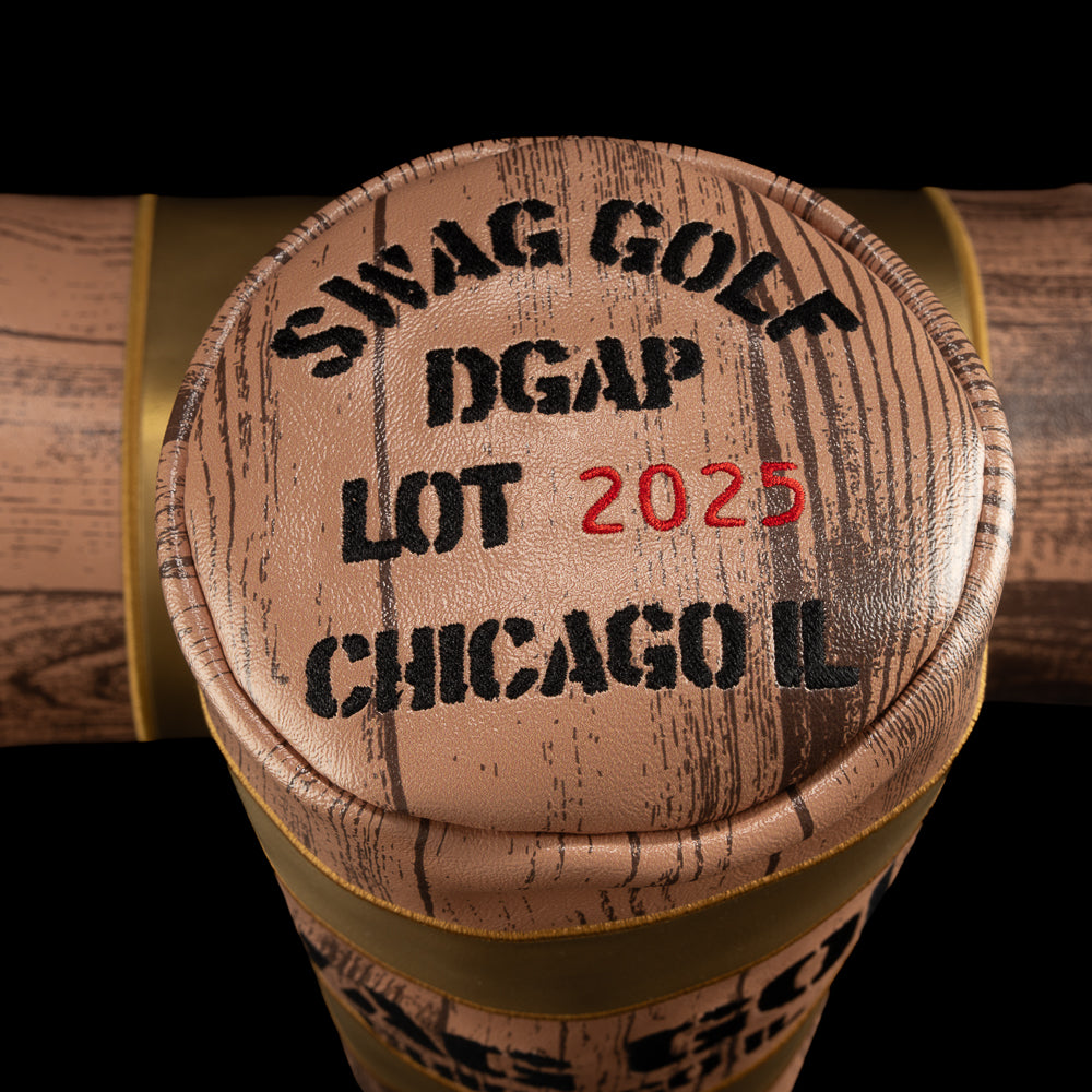 Whiskey barrel inspired driver headcover with woodgrain texture and SWAG Golf Chicago logo.
