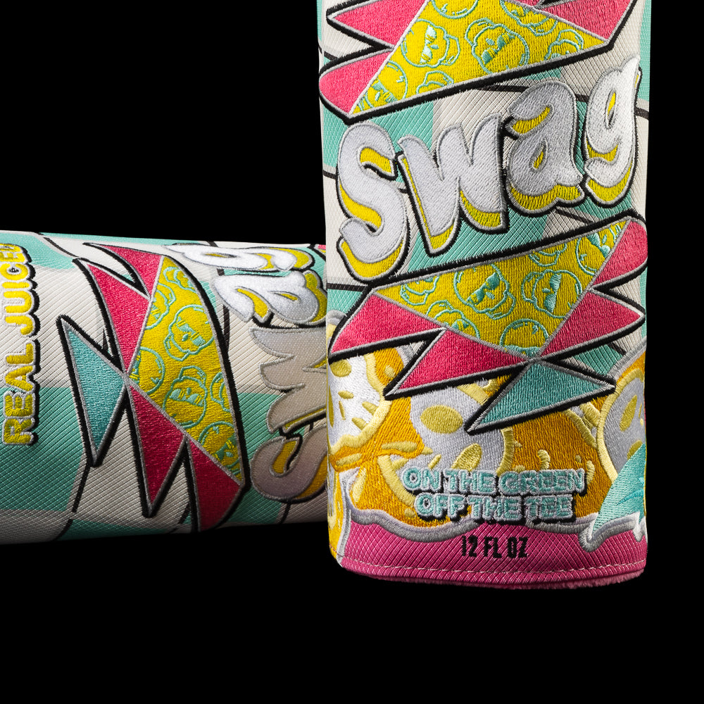 Swing Juice barrel driver cover with lemon-inspired artwork, SWAG branding, and nutrition label graphic.