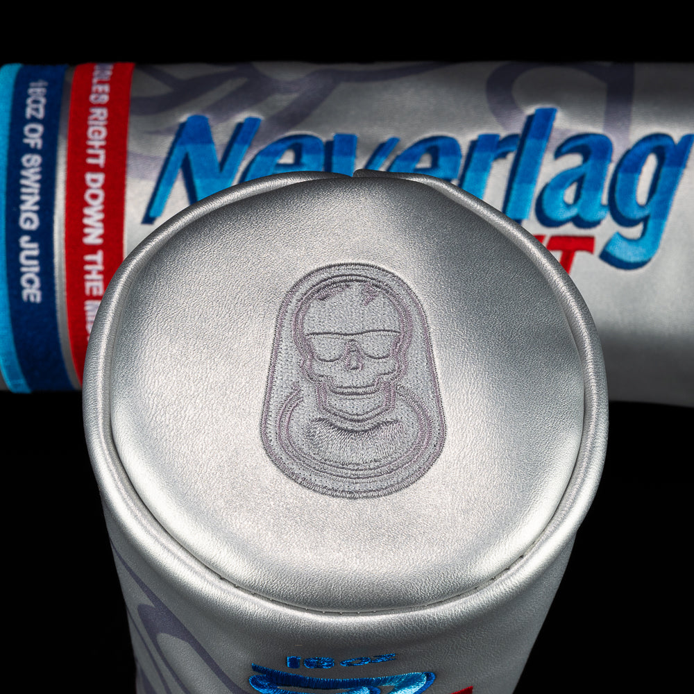 Neverlag Light barrel fairway cover in silver with SWAG skull, red and blue racing stripe design.