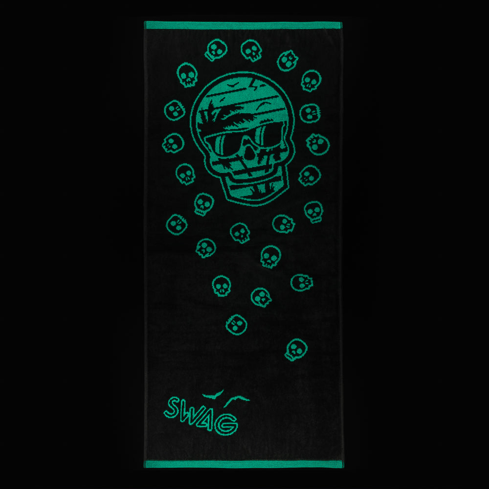 Swag sunset skull teal and black golf towel.