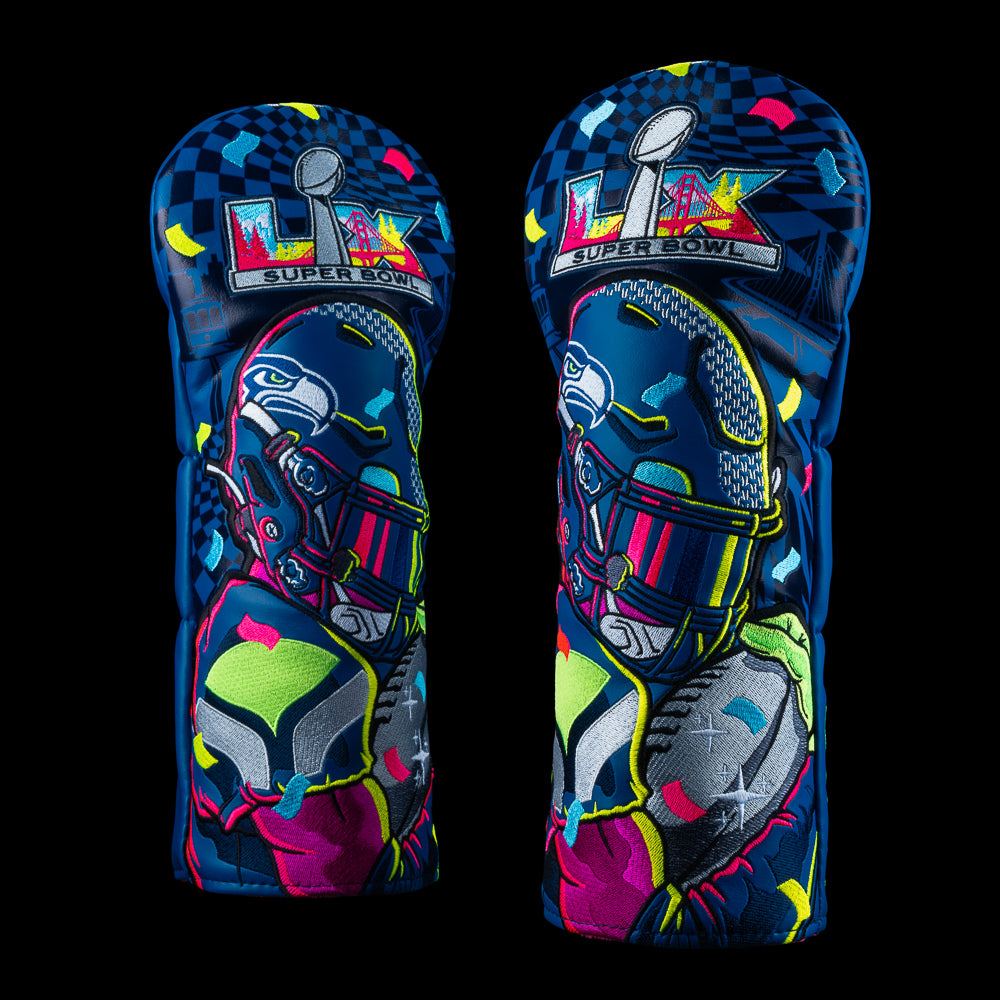 Seattle Seahawks Super Bowl LX Champions driver golf headcover featuring an embroidered player, confetti, and Super Bowl logo on navy material.
