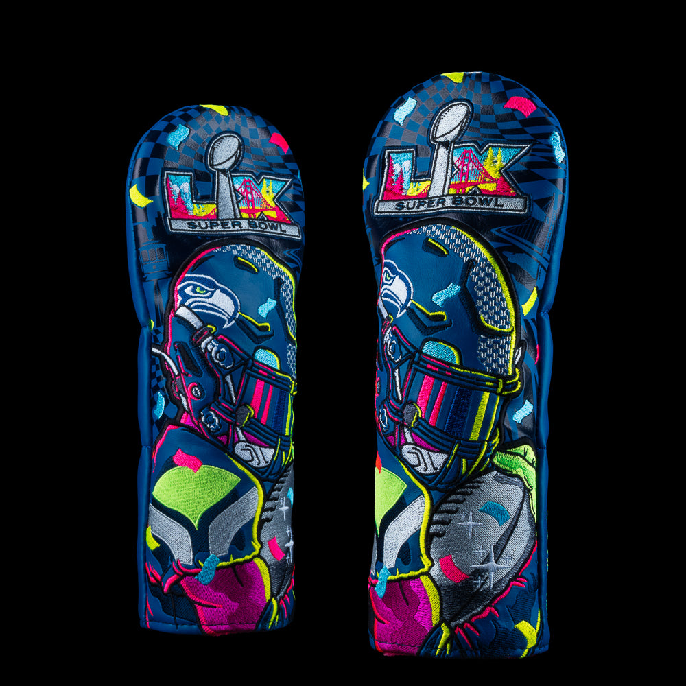 Seattle Seahawks Super Bowl LX Champions official fairway wood golf headcover featuring a team helmet with confetti on navy material.