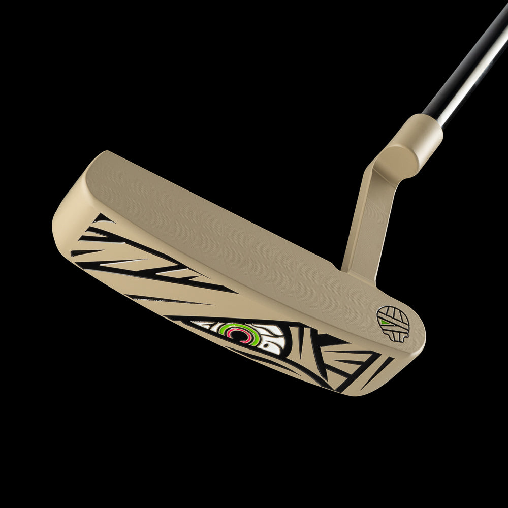 A beige golf putter with black graphic patterns and a colorful logo, shown against a solid black background.