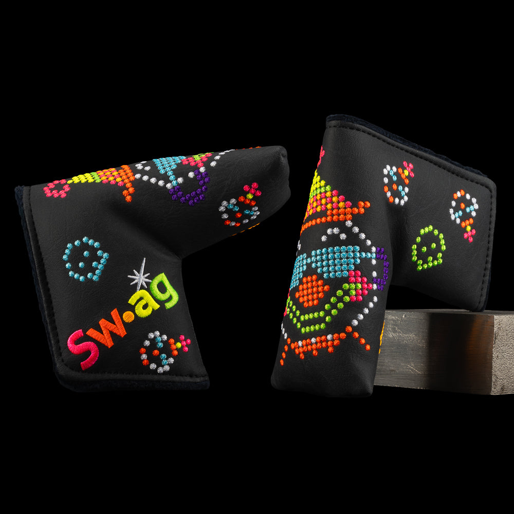 Black blade cover with neon pixel characters, colorful stitched graphics, and SWAG branding in a retro arcade style.