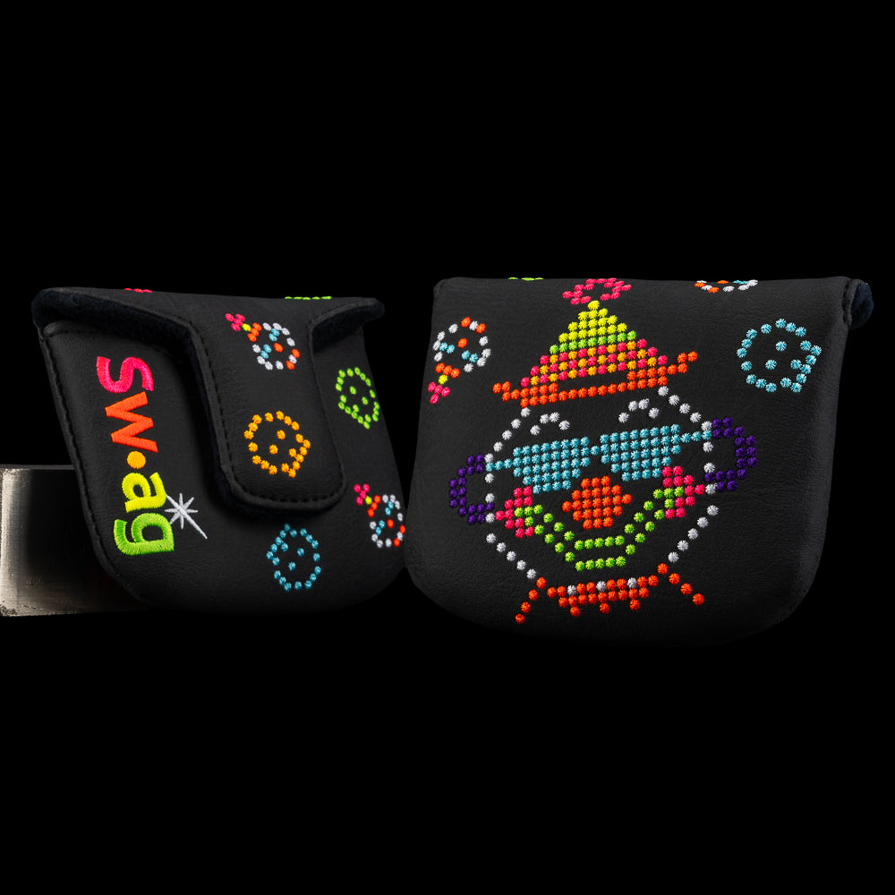 Black mallet cover with neon pixel graphics, stitched multicolor shapes, and SWAG logo in a retro arcade theme.