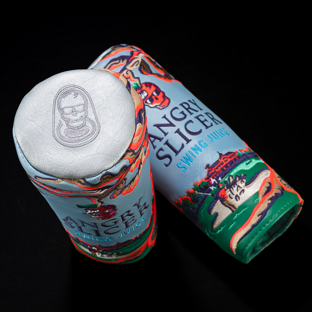 Top views of the SWAG Golf Angry Slicer barrel fairway cover showing its gray circular skull top and illustrated sides.