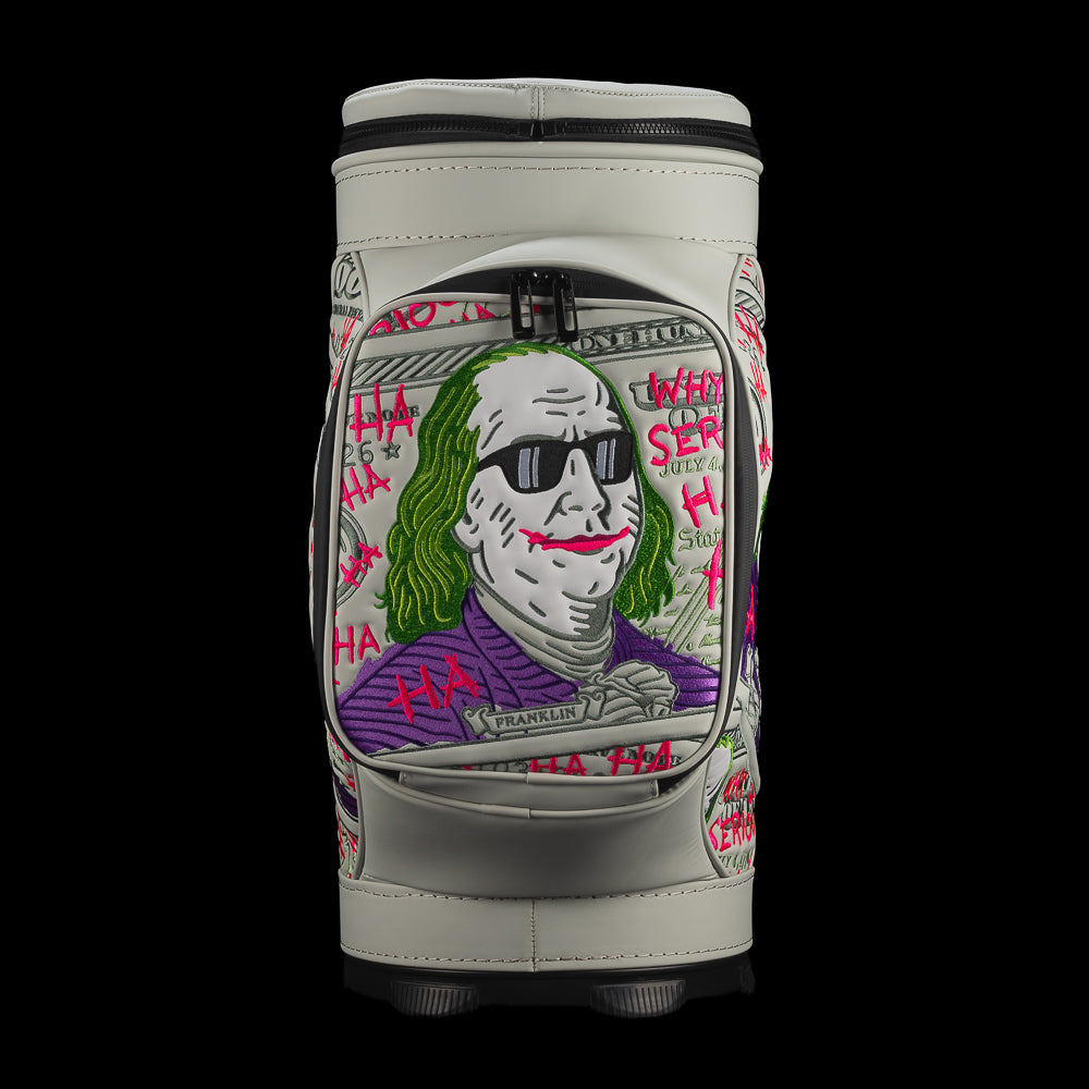 Front view of Defaced Franklin Den Caddy Cooler featuring a green-haired Franklin portrait in black sunglasses.