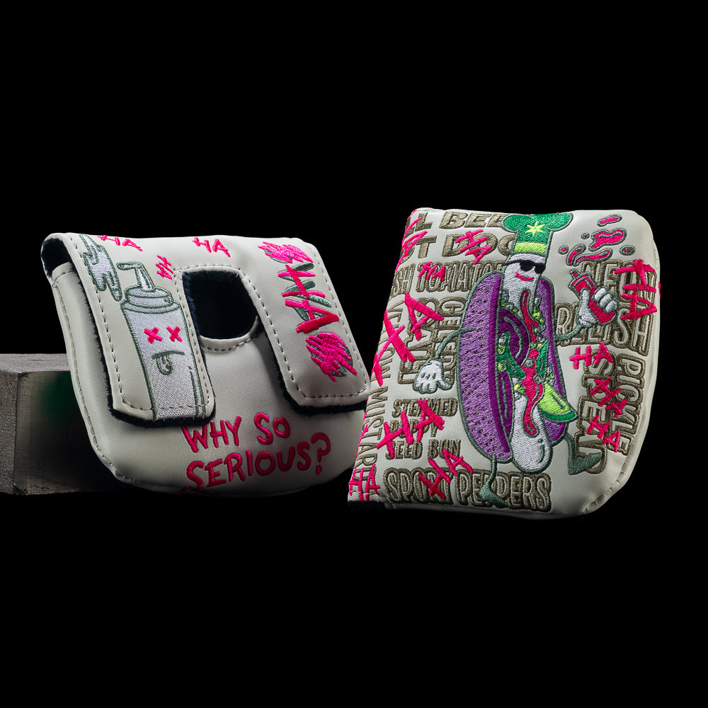 Front and back views of SWAG Golf Defaced Chicago Dog center-shaft mallet headcover with hot dog artwork and pink graffiti.