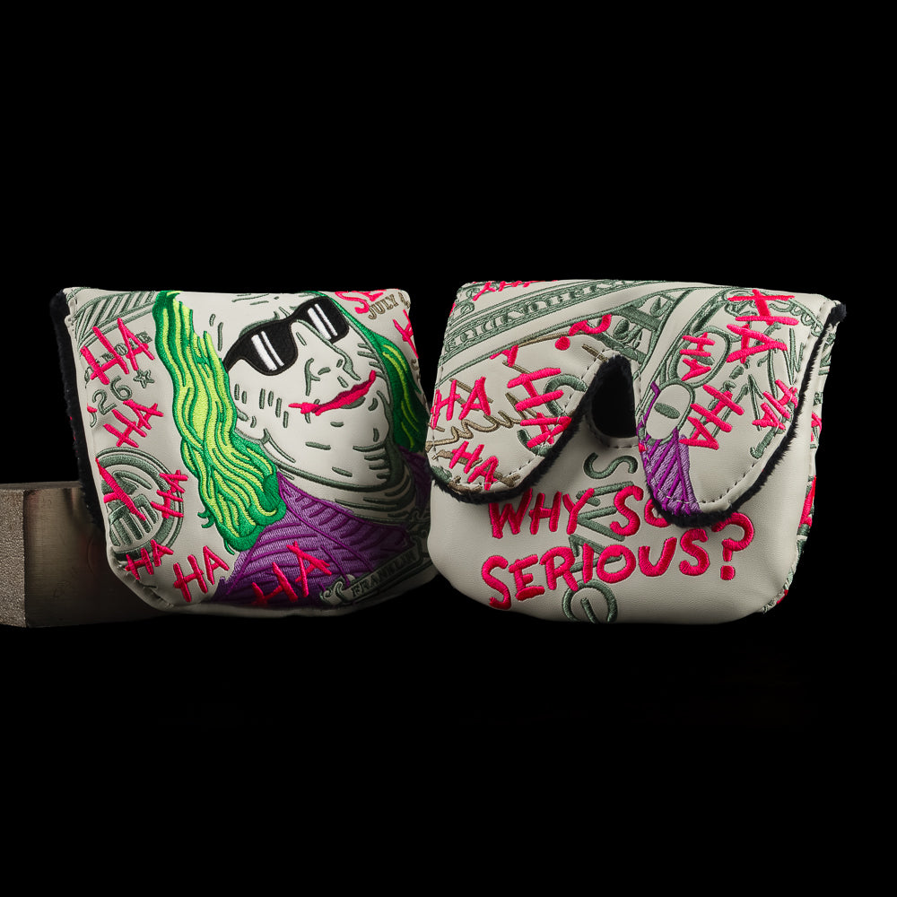 Front and back views of SWAG Golf Jumbo Defaced Franklin center-shaft XL mallet headcover with gray bill art, green hair, and pink graffiti.