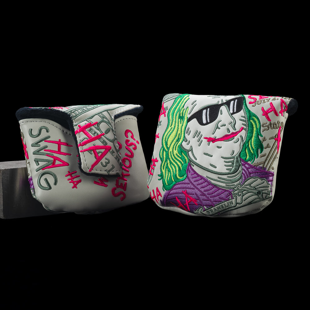 Front and back views of SWAG Golf Jumbo Defaced Franklin mallet headcover with gray bill art, green-haired portrait, and pink graffiti.