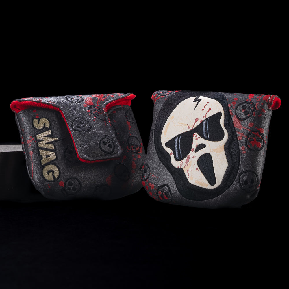 SWAG Golf Screamer skull black base material with white mask hooded skull themed mallet golf headcover with red splatters.