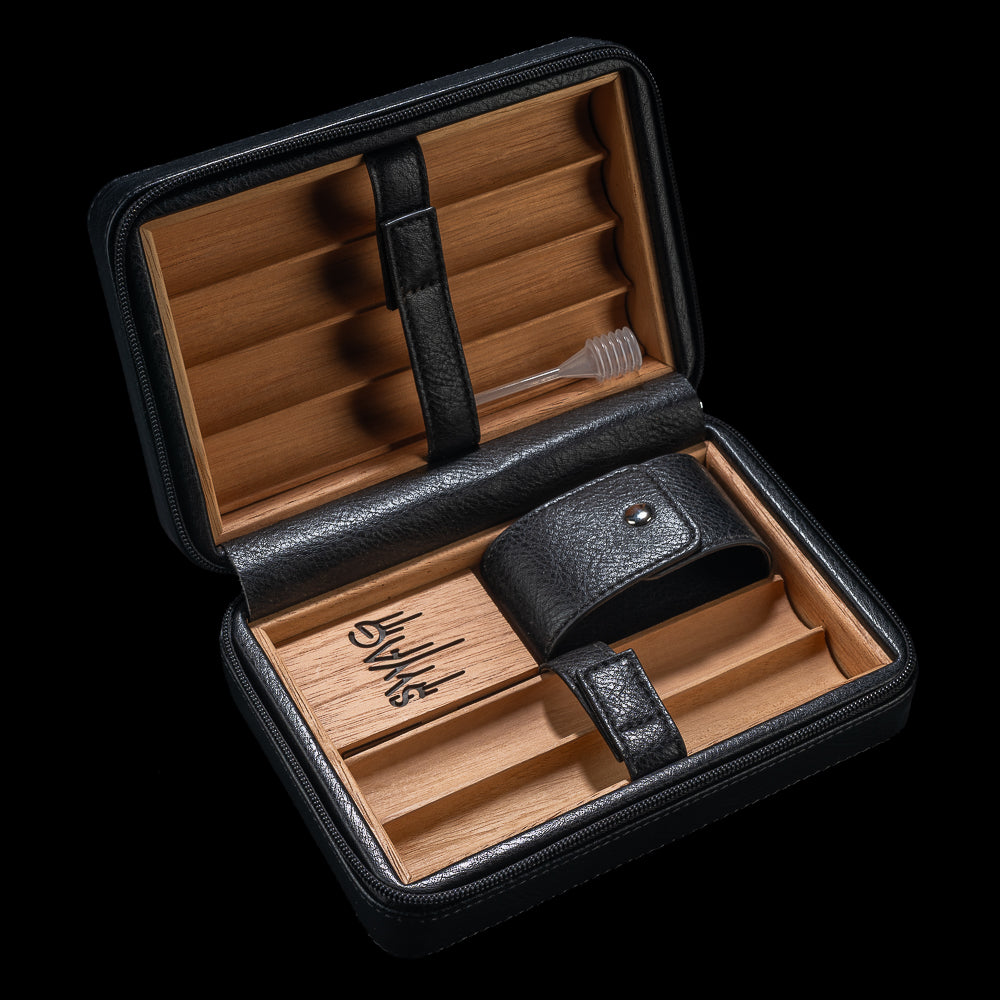 Open SWAG Golf Spider Web cigar humidor travel case showing a wood-toned interior, cigar compartments, black retaining straps, and accessory pouch.