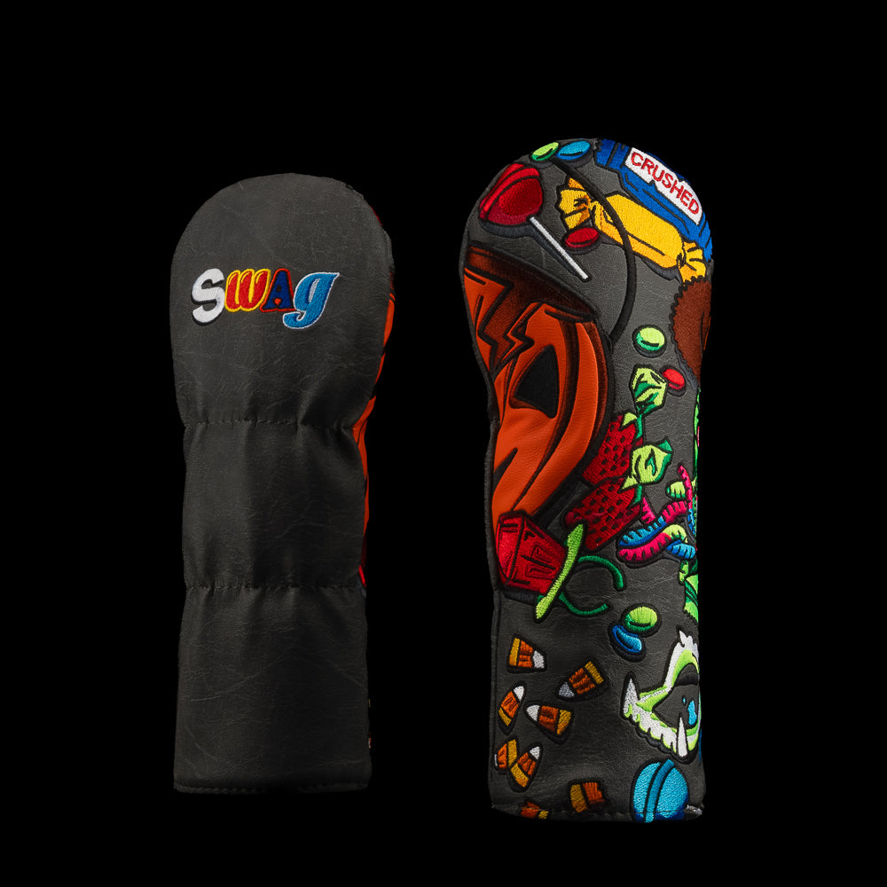 SWAG Golf Trick-Or-Treat Essentials fairway cover with an orange pumpkin bucket, colorful candy, and skull artwork on black, shown front and back.