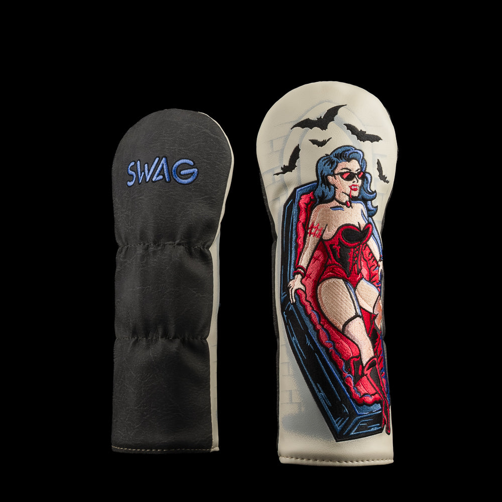 SWAG Golf Vampire Pin Up fairway cover featuring a blue-haired woman in red inside a coffin beneath flying bats, with a black reverse.