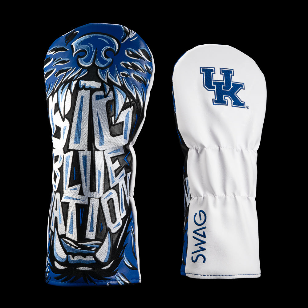 Two University of Kentucky golf club headcovers shown side by side on a black background. The left cover features a blue, white, and black roaring tiger face graphic with the words 'BIG BLUE NATION' in stylized lettering.