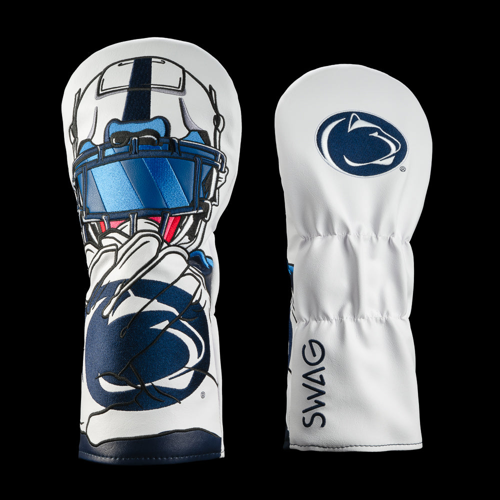Two Penn State Nittany Lions themed golf club headcovers on a solid black background. One cover features a graphic of a football helmet and hand, while the other shows the blue lion head logo and the word 'SWAG' printed vertically.
