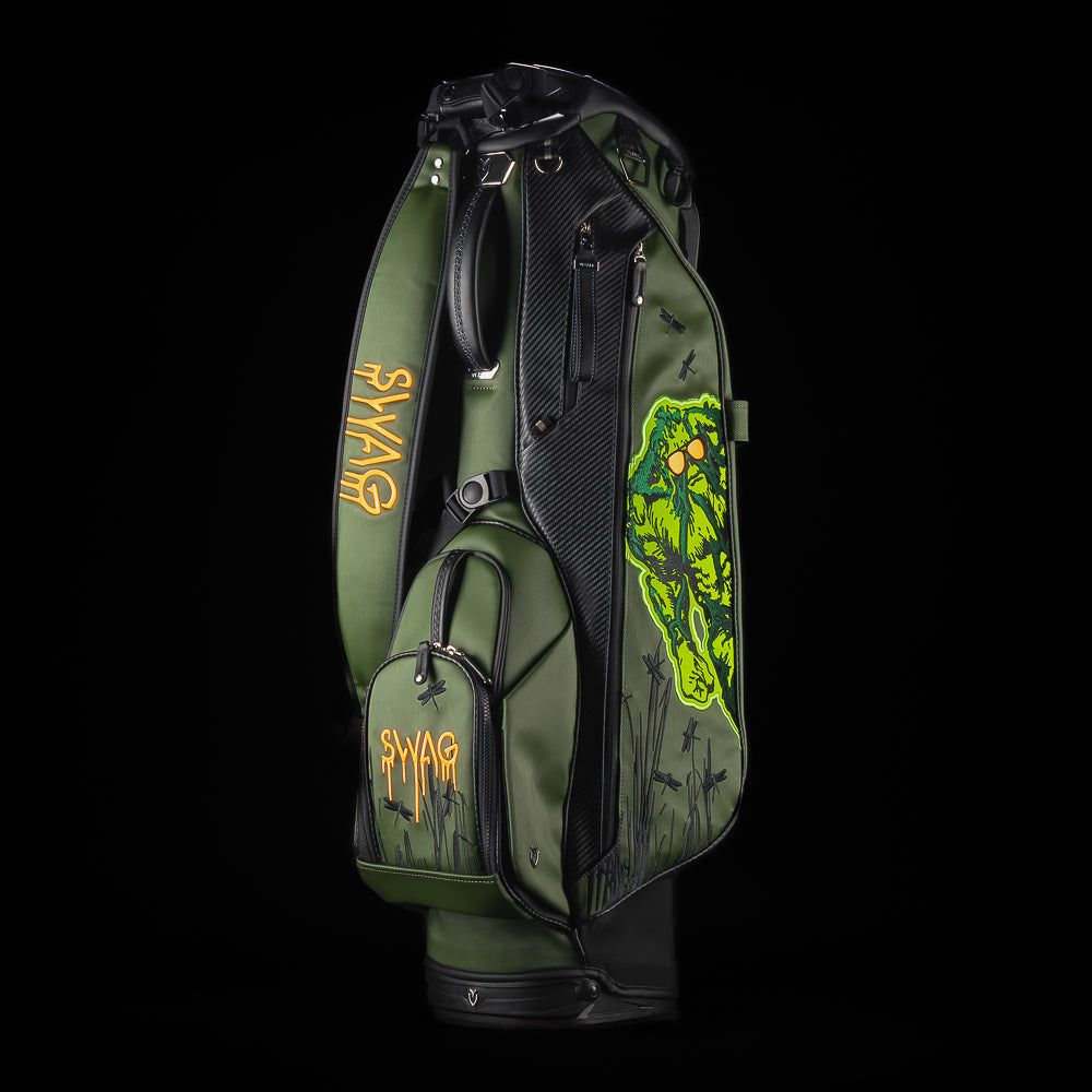 SWAG Golf SWAG Thing green and black Vessel stand golf bag with yellow text on a black background
