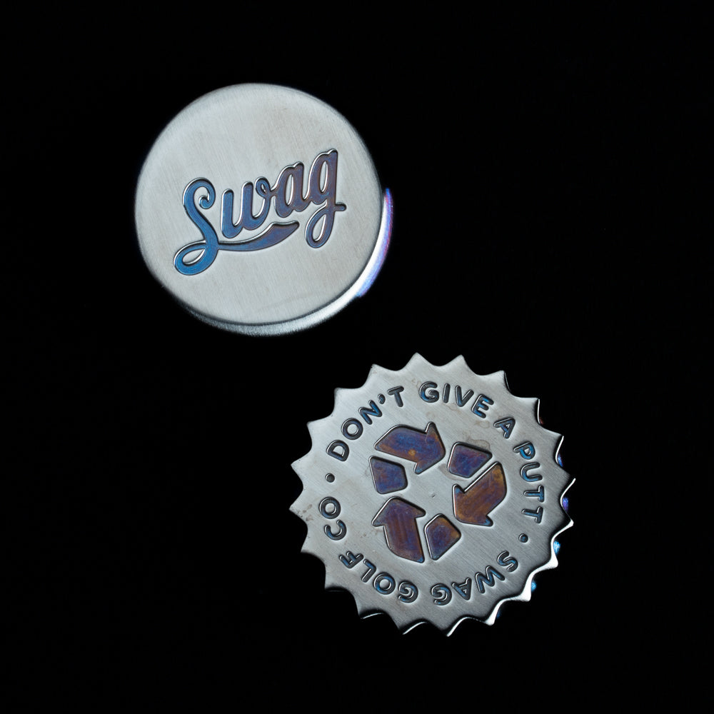 SWAG golf torched finish stainless steel bottle cap golf ball marker.