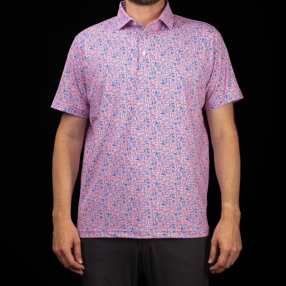 SWAG Golf Backyard BBQ Classic Polo featuring an all-over backyard cookout print packed with burgers, hot dogs, grills, barbecue tools, and unapologetic summer energy