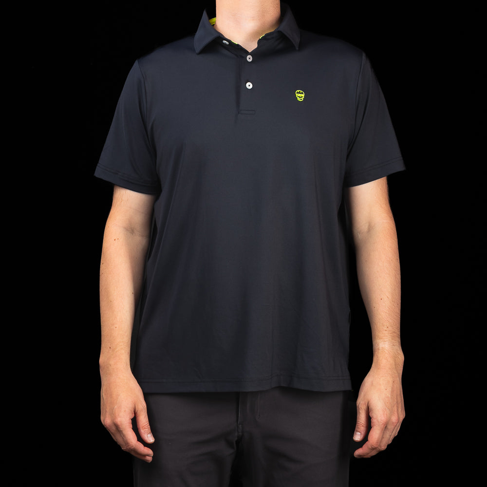 SWAG Golf Black Skull Classic Polo men's performance golf shirt with embroidered neon skull logo on chest