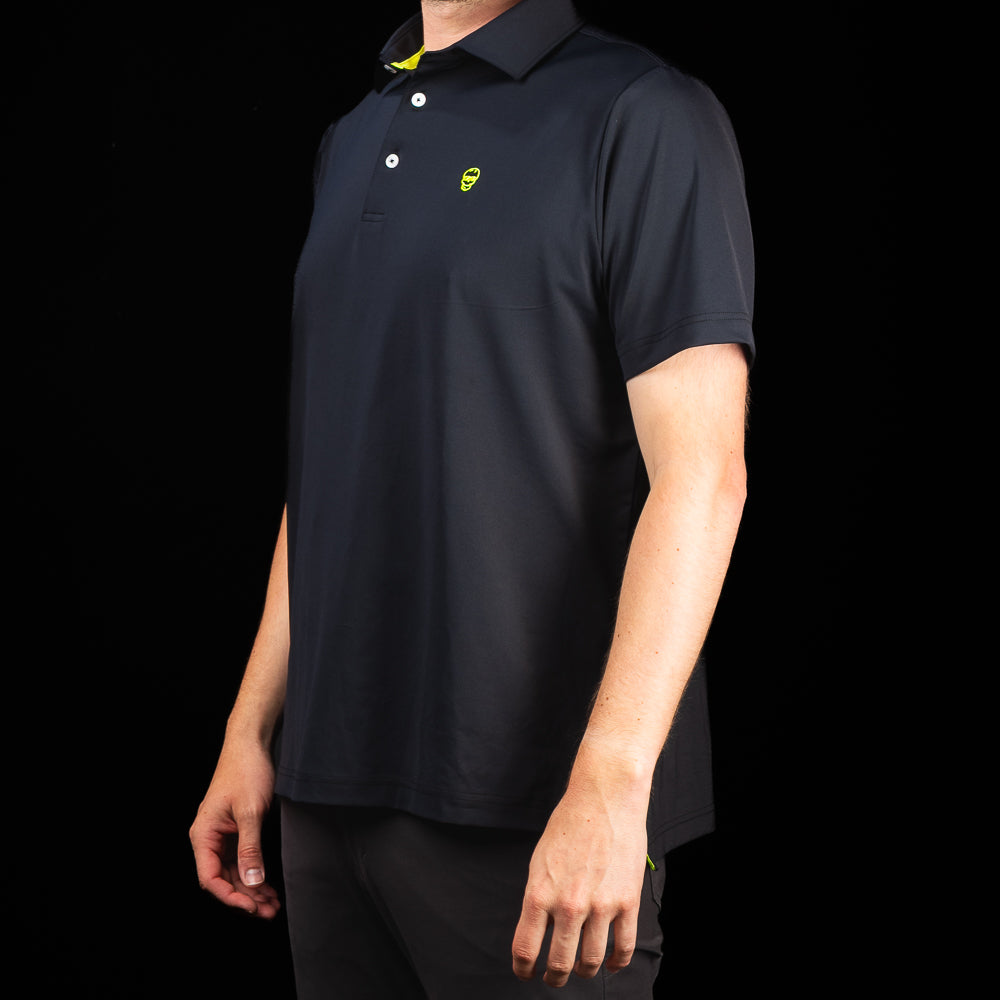Side profile of SWAG Golf Black Skull Classic Polo men's black performance golf polo shirt