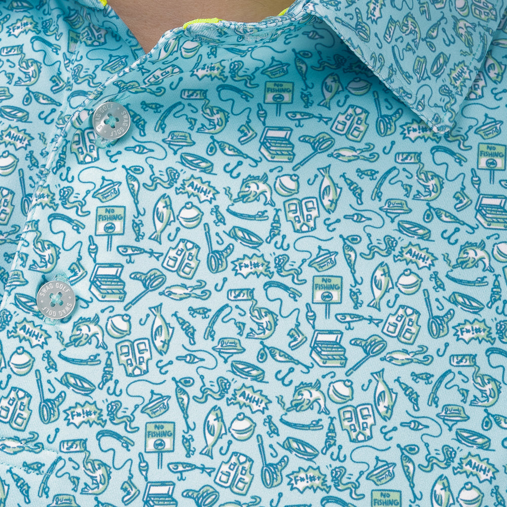 Close-up of SWAG Golf Gone Fishing Classic Polo highlighting the all-over print featuring fish, tackle, hooks, boats, and fishing graphics