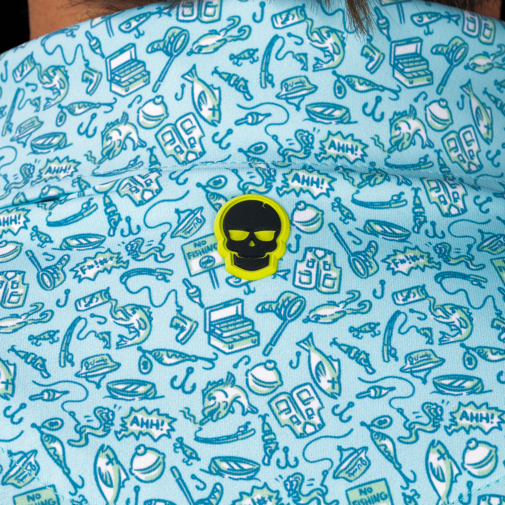 SWAG Golf Gone Fishing Classic Polo back collar detail featuring signature neon skull logo on custom fishing-inspired performance fabric