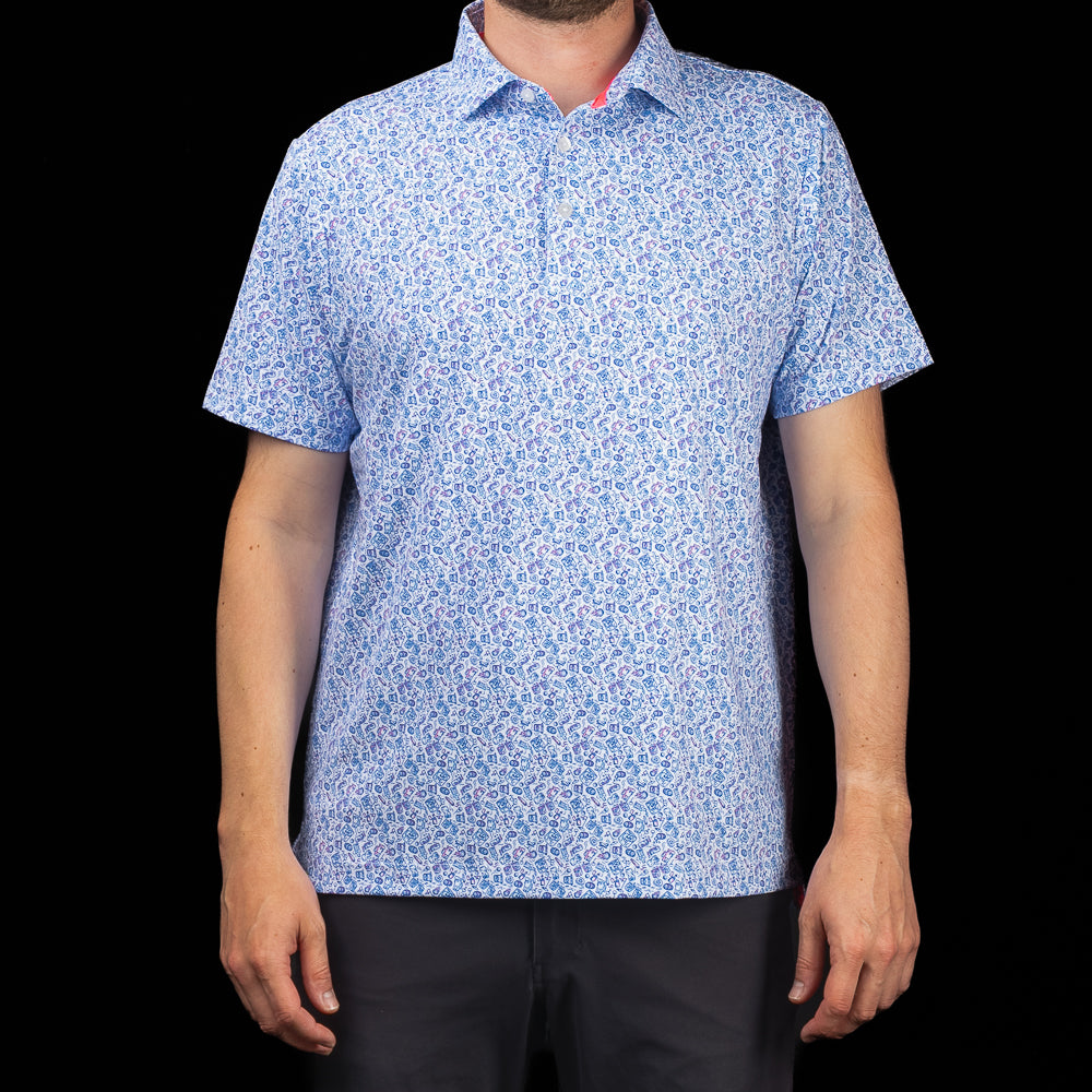 SWAG Golf On The Rocks Classic Polo featuring all-over cocktail-inspired print in blue and pink performance fabric