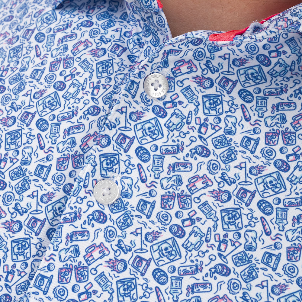 Close-up of SWAG Golf On The Rocks Classic Polo showcasing custom all-over print with golf, cocktail, and SWAG-inspired graphics