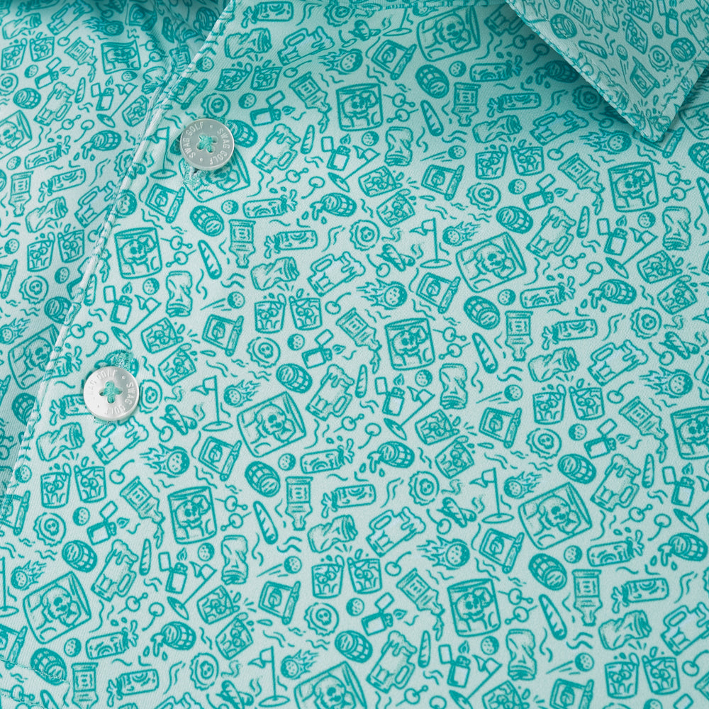 Close-up of SWAG Golf On The Rocks Classic Polo highlighting the intricate all-over print with golf, cocktail, and SWAG-inspired graphics