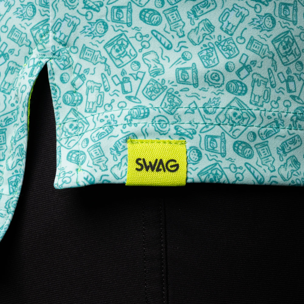 SWAG Golf On The Rocks Classic Polo hem detail with signature SWAG woven tag and custom all-over print
