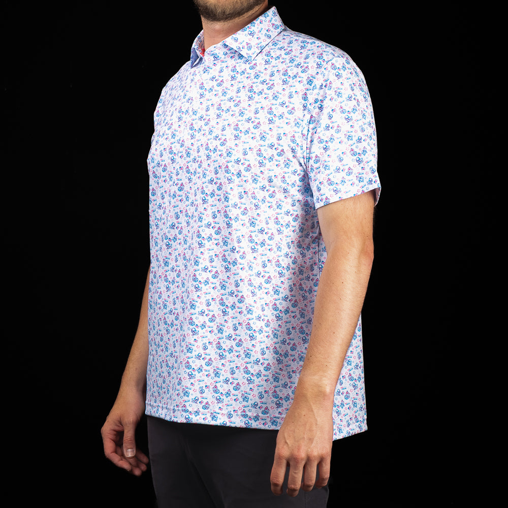 Side profile of SWAG Golf Red, White & Beers Classic Polo showcasing the custom patriotic print and modern athletic fit