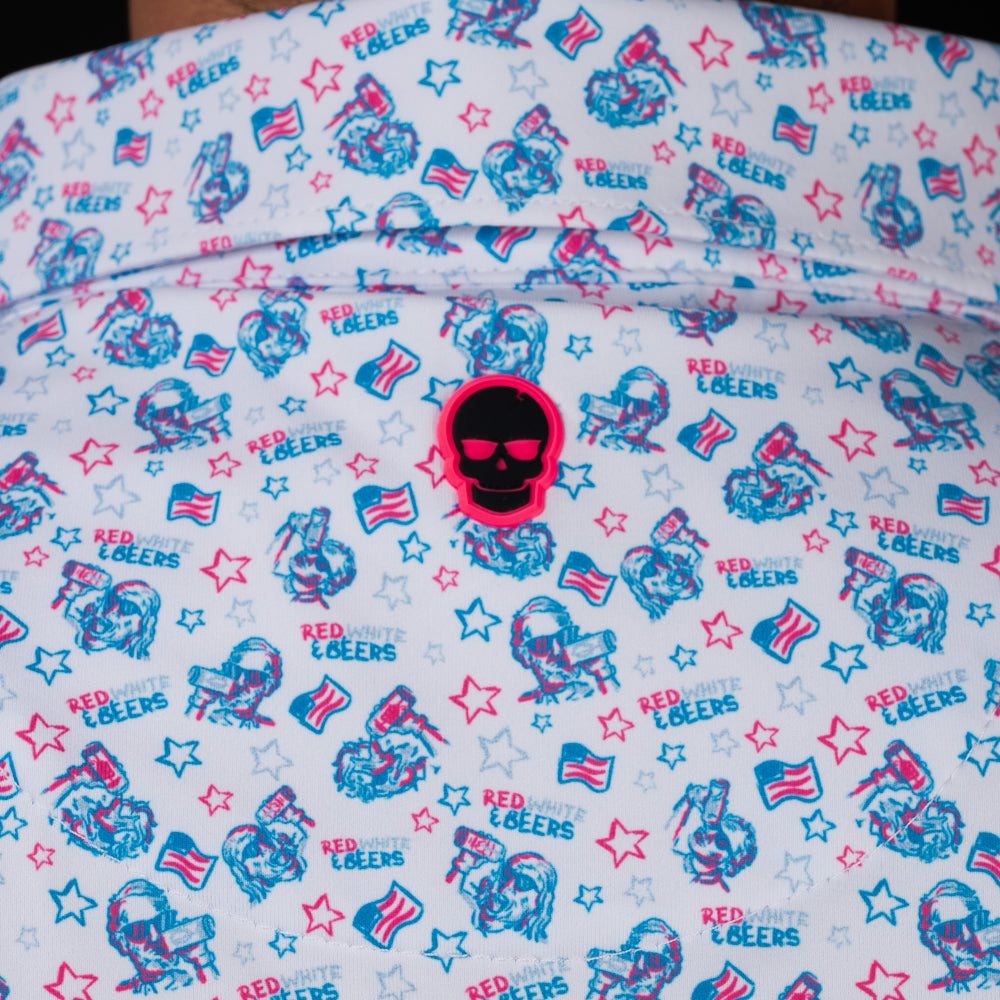 SWAG Golf Red, White & Beers Classic Polo back collar detail featuring signature pink skull logo and patriotic Americana-inspired graphics