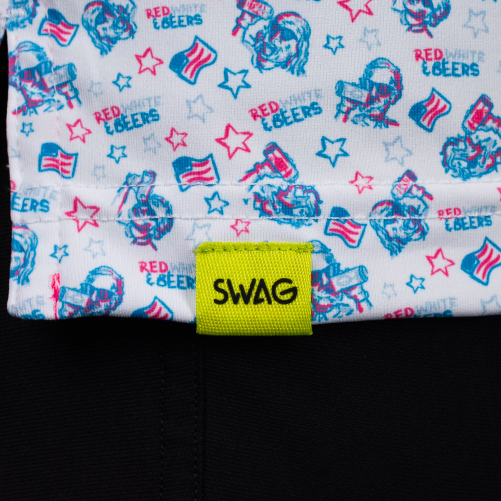 SWAG Golf Red, White & Beers Classic Polo hem detail with signature SWAG woven tag and all-over patriotic summer-themed print