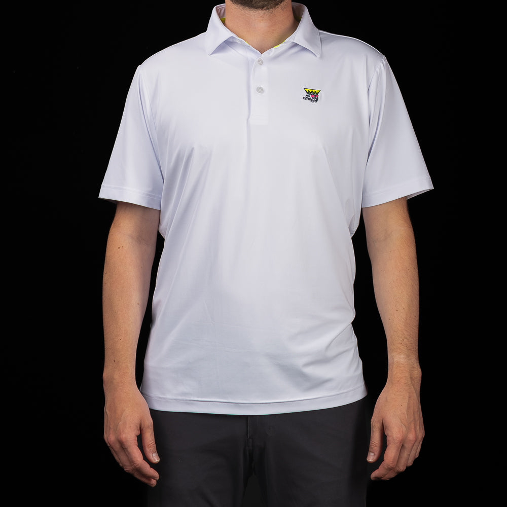 SWAG Golf White King Classic Polo men's performance golf shirt with embroidered King logo on chest