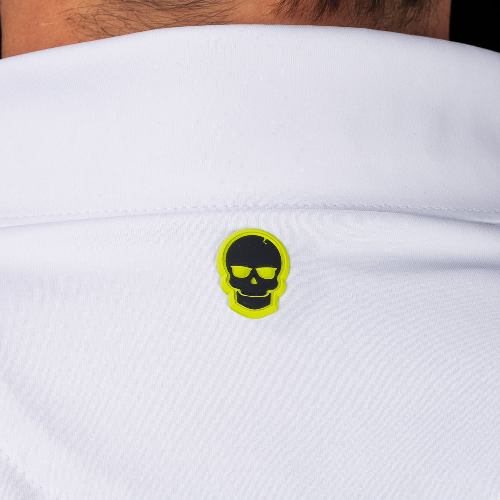 SWAG Golf White King Classic Polo back collar detail featuring signature skull logo on white performance fabric