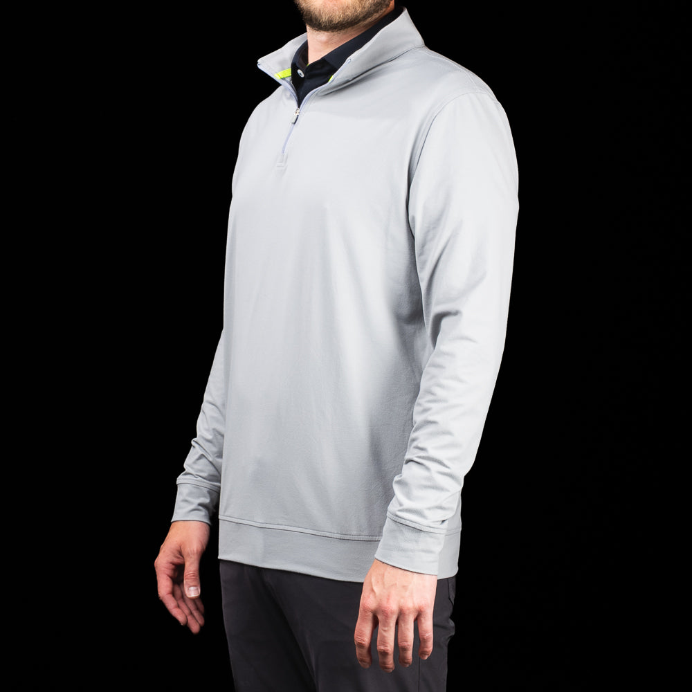 Side profile of SWAG Golf Gray Club Quarter-Zip men's gray performance golf pullover