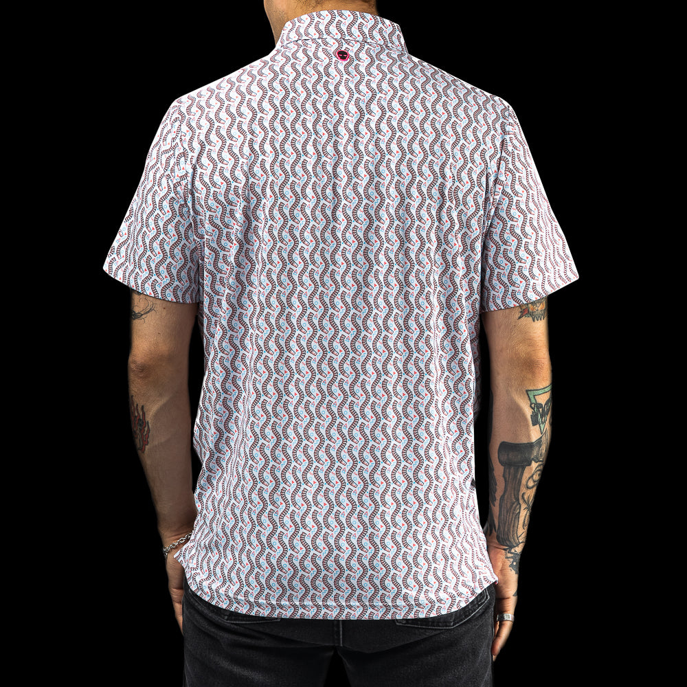 SWAG Golf classic short sleeve men's golf polo with an allover red, white, and blue cup snake micro print.
