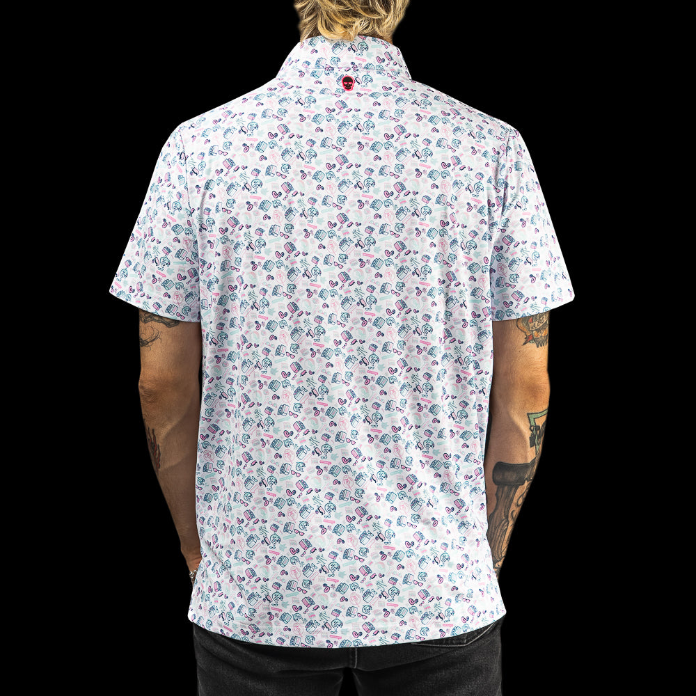 SWAG Golf pool party themed men's short sleeve classic golf polo with a micro print featuring flamingoes, coolers, popsicles and more.