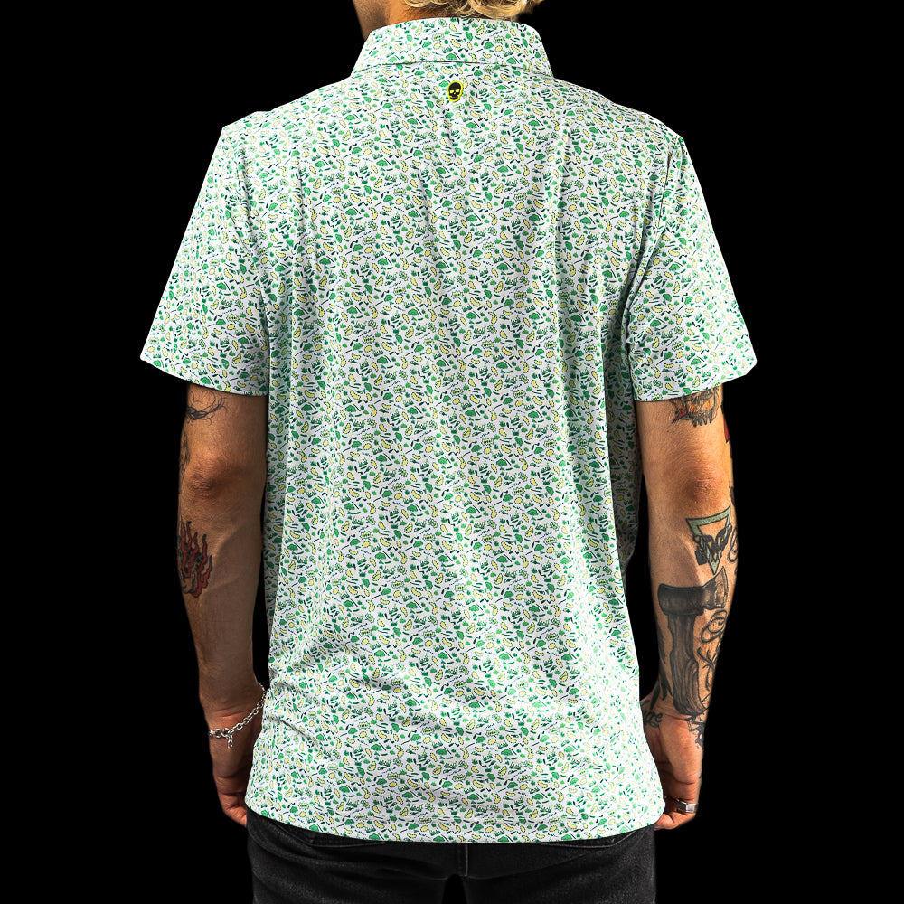 SWAG Golf men's short sleeve classic golf polo shirt with an allover green and yellow sand pits micro print design.