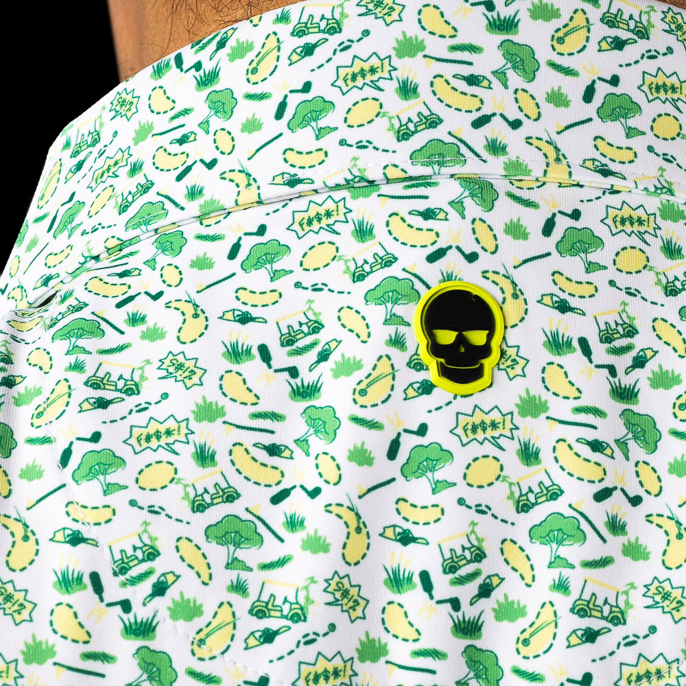 SWAG Golf men's short sleeve classic golf polo shirt with an allover green and yellow sand pits micro print design.