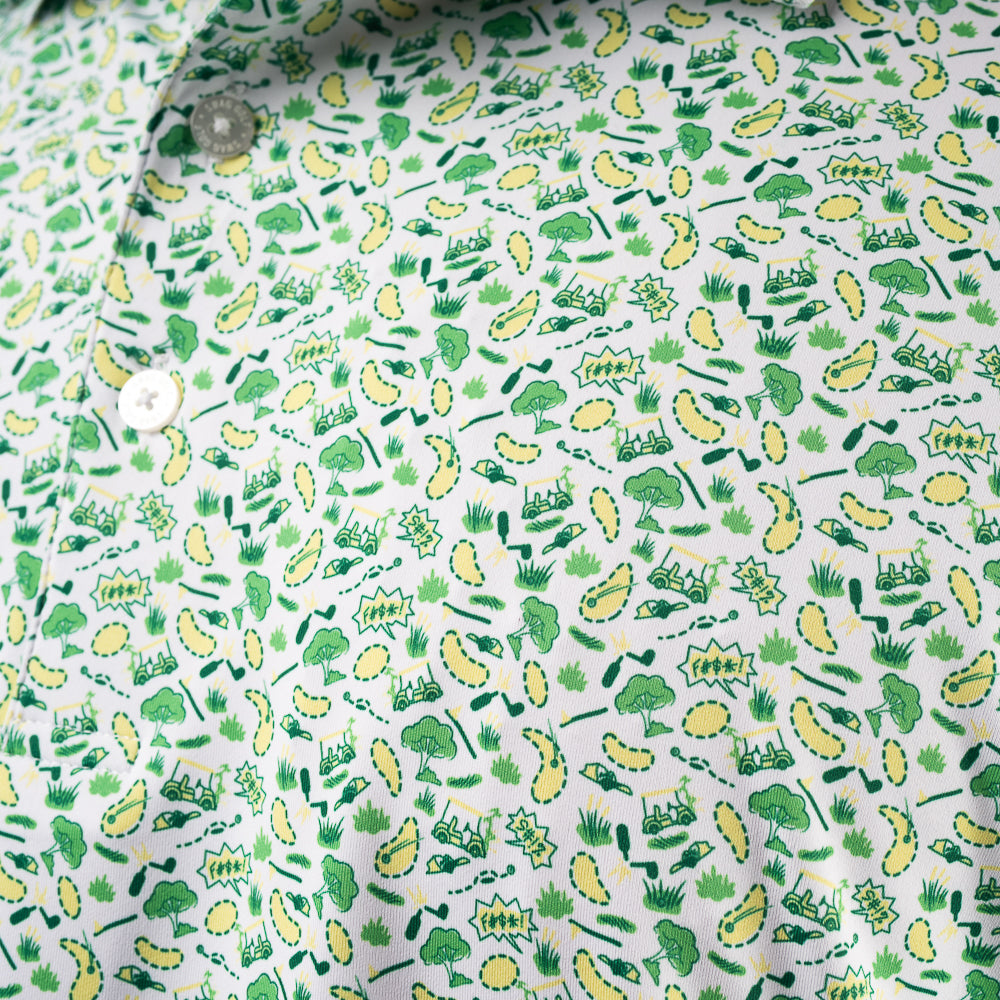 SWAG Golf men's short sleeve classic golf polo shirt with an allover green and yellow sand pits micro print design.