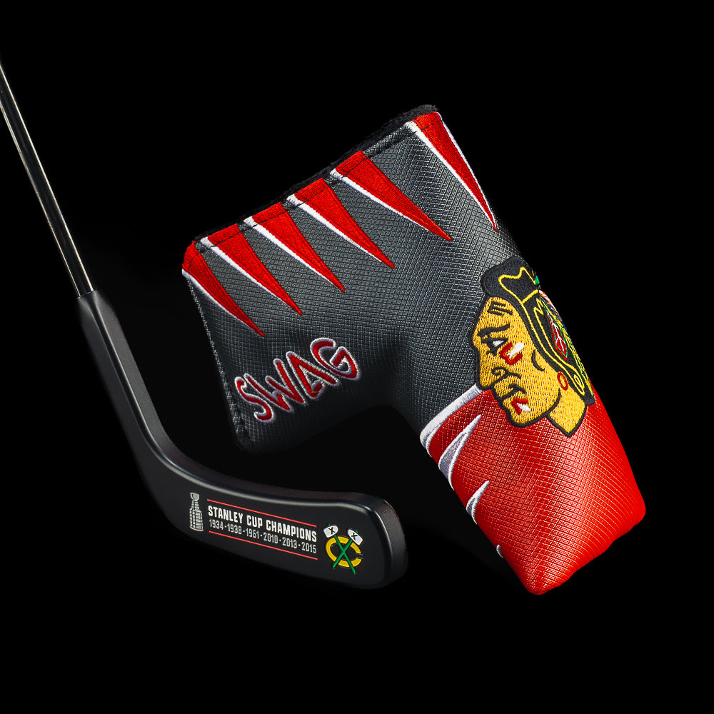 Chicago Blackhawks hockey blade putter with SWAG jersey headcover in red, black, and gray