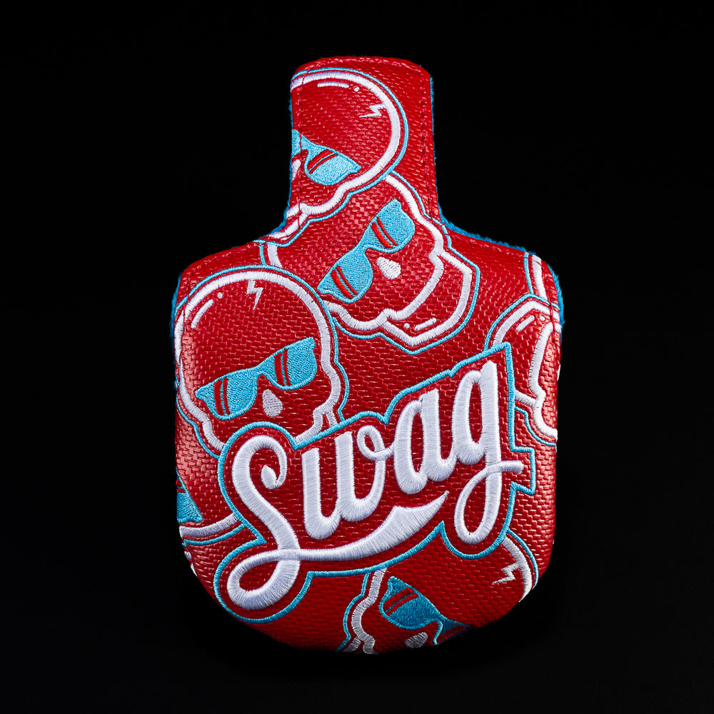 Red Swag Cola with blue and white mid mallet golf club headcover.